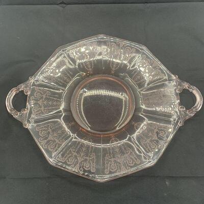 Vintage Pink Depression Glass Octagonal Shaped Cake Plate with Scrolled Handles