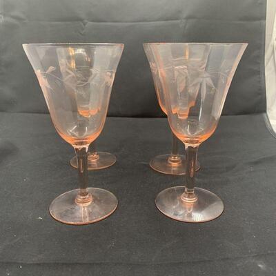 4 Pink Depression Glass, Stemmed Wine Glasses