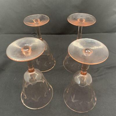 4 Pink Depression Glass, Stemmed Wine Glasses