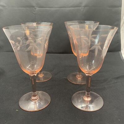 4 Pink Depression Glass, Stemmed Wine Glasses