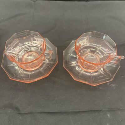 Cambridge glass Pink Decagon Cup And Saucers (two sets)
