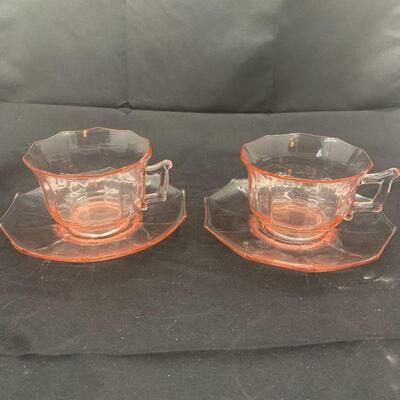 Cambridge glass Pink Decagon Cup And Saucers (two sets)