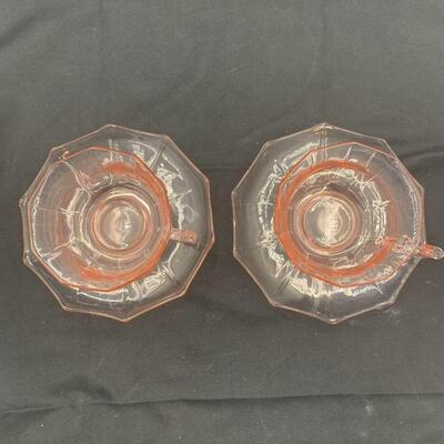 Cambridge glass Pink Decagon Cup And Saucers (two sets)
