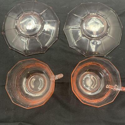 Cambridge glass Pink Decagon Cup And Saucers (two sets)