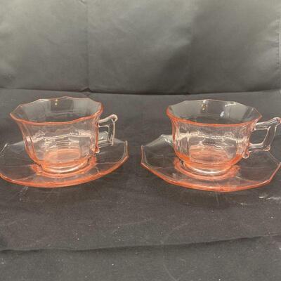 Cambridge glass Pink Decagon Cup And Saucers (two sets)