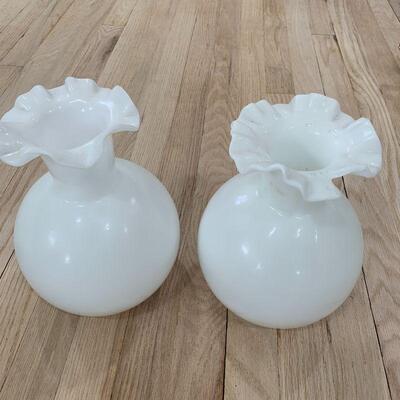 2 Vintage Milkglass Vases With Crimped Ruffled Edge (2 Similar But Different)