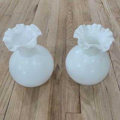 2 Vintage Milkglass Vases With Crimped Ruffled Edge (2 Similar But Different)