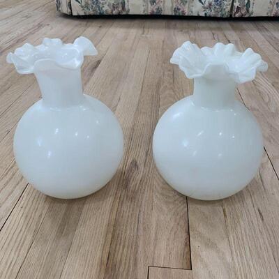 2 Vintage Milkglass Vases With Crimped Ruffled Edge (2 Similar But Different)