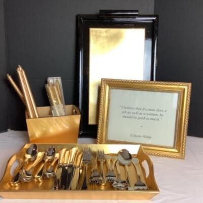 Q239 Black and Gold Lacquered Tray , Stainless Flatware Lot 