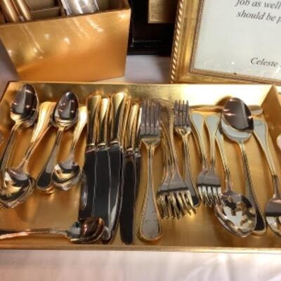 Q239 Black and Gold Lacquered Tray , Stainless Flatware Lot 