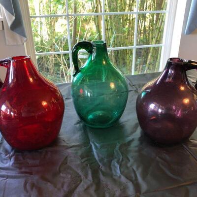 Vintage Trio of Blown Glass Small Jugs Pitchers Purple Red and Green 