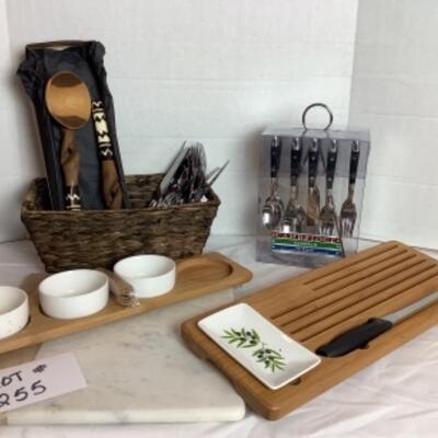 Q255 Lot of Stainless Flatware Serving Sets, Cutting Board 
