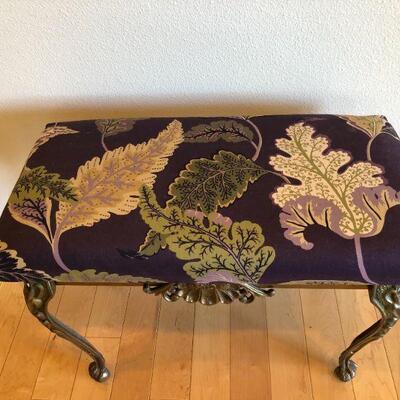 Antique 1920s Cast Iron Bench W.H. Howell Co Gene Vaill with Purple and Leaves Fabric Pattern