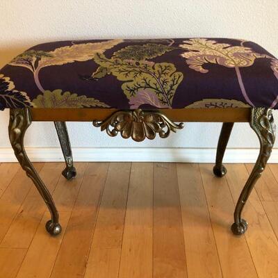 Antique 1920s Cast Iron Bench W.H. Howell Co Gene Vaill with Purple and Leaves Fabric Pattern