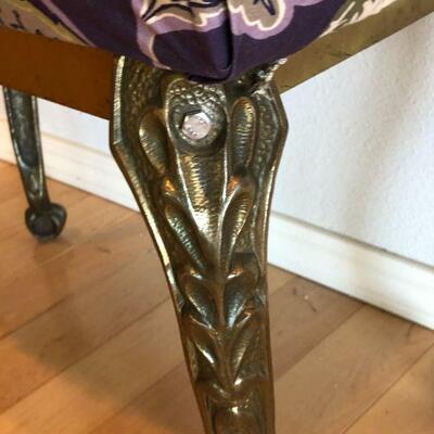 Antique 1920s Cast Iron Bench W.H. Howell Co Gene Vaill with Purple and Leaves Fabric Pattern