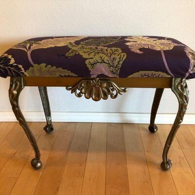 Antique 1920s Cast Iron Bench W.H. Howell Co Gene Vaill with Purple and Leaves Fabric Pattern
