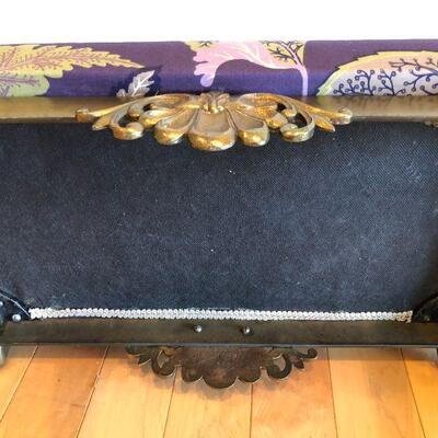 Antique 1920s Cast Iron Bench W.H. Howell Co Gene Vaill with Purple and Leaves Fabric Pattern