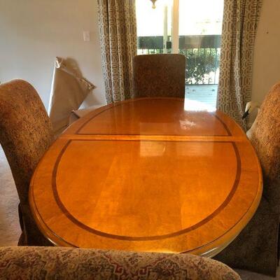 Beautiful Light Wood Inlay Oval Dining Table with 2 Extension Pieces and 4 Fabric Chairs