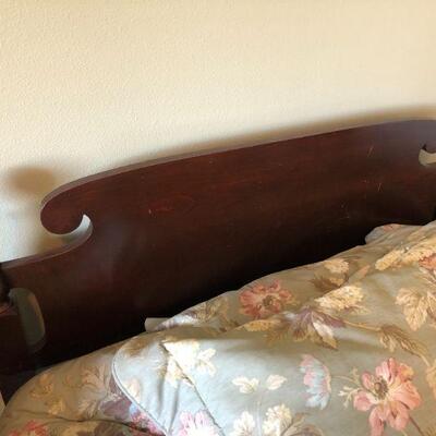 Pair of Vintage Dark Wood Twin Beds and Side Table with All Bedding