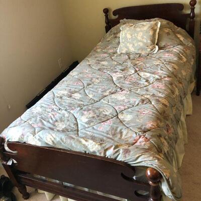 Pair of Vintage Dark Wood Twin Beds and Side Table with All Bedding