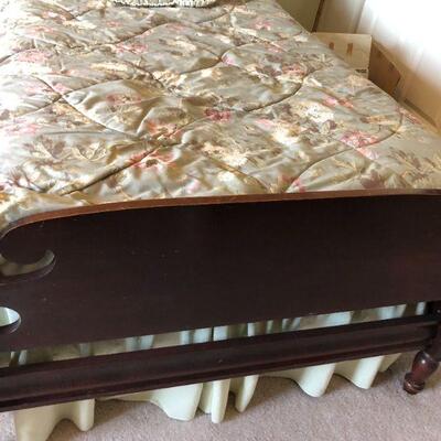 Pair of Vintage Dark Wood Twin Beds and Side Table with All Bedding