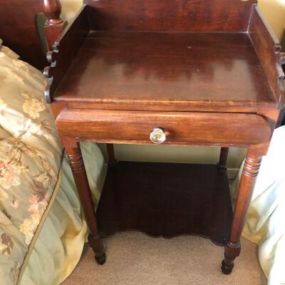 Pair of Vintage Dark Wood Twin Beds and Side Table with All Bedding