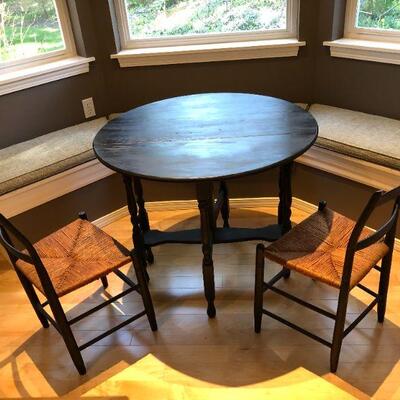 Charming Vintage Foldable Dark Wood Table and Two Wicker Chairs 36 Inch Round
