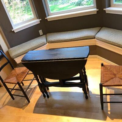 Charming Vintage Foldable Dark Wood Table and Two Wicker Chairs 36 Inch Round