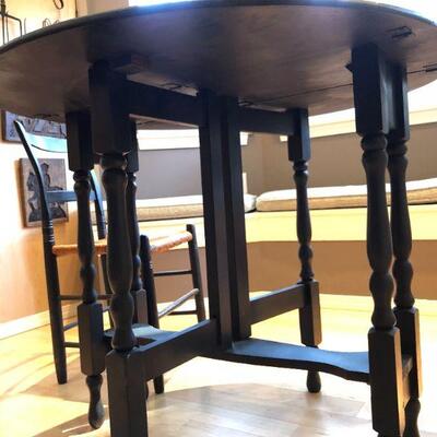 Charming Vintage Foldable Dark Wood Table and Two Wicker Chairs 36 Inch Round