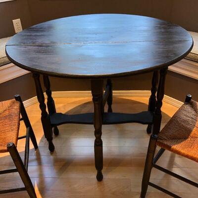 Charming Vintage Foldable Dark Wood Table and Two Wicker Chairs 36 Inch Round