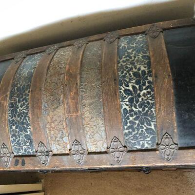 Antique Steamer Trunk Black and Brown Floral Details with Metal Details