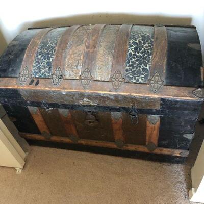 Antique Steamer Trunk Black and Brown Floral Details with Metal Details