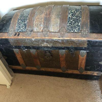 Antique Steamer Trunk Black and Brown Floral Details with Metal Details