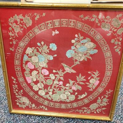 Silk Embroidered Panel in Bamboo gold frame 