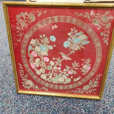 Silk Embroidered Panel in Bamboo gold frame 