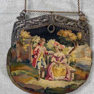 Antique French Aubusson Tapestry Victorian Couple Purse Handbag