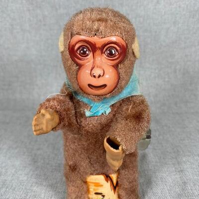 Vintage Mechanical Fuzzy Monkey Litho Tin Toy Japan