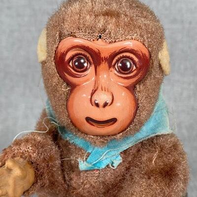 Vintage Mechanical Fuzzy Monkey Litho Tin Toy Japan
