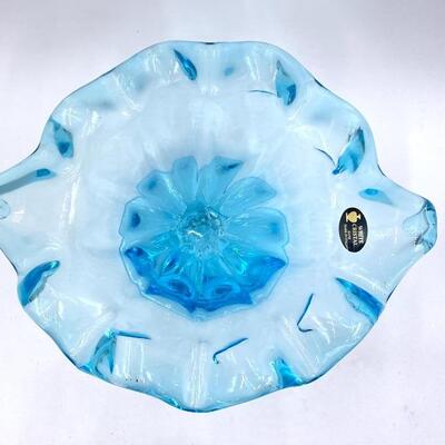 WHITE CRISTAL LARGE BLUE RUFFLED PEDESTAL BOWL