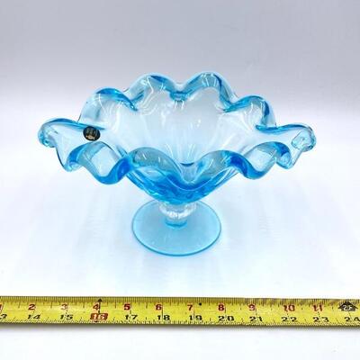 WHITE CRISTAL LARGE BLUE RUFFLED PEDESTAL BOWL