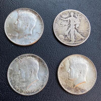 Collection of 4 Silver Half Dollar Coins with 1935 Walking Liberty and 1964 Kennedy Halves