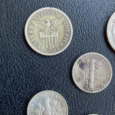 Collection of 9 Silver Coins with 1919 Filipinas 20 centavos, 1944 Mercury Dime and...