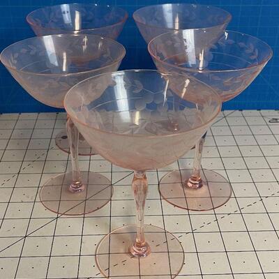 #16 (5) Pink Etched Champaign Glasses 