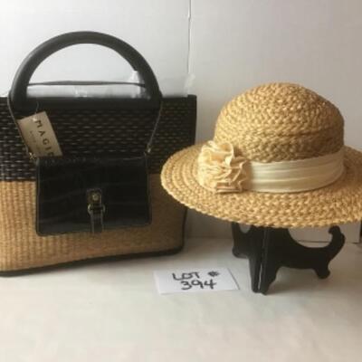 P394 New with Tag Black Straw Handbag with Straw Hat 