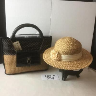 P394 New with Tag Black Straw Handbag with Straw Hat 