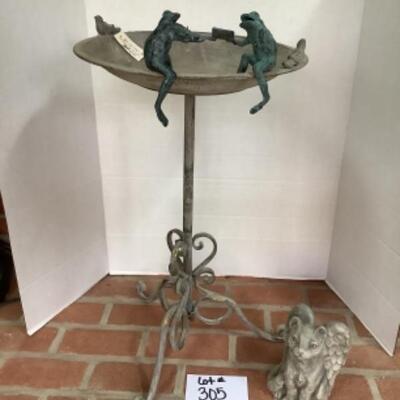 O - 305  Privilege Bird Bath, Pair of Wrought Iron Frogs, Composite Cat Angle 