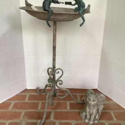 O - 305  Privilege Bird Bath, Pair of Wrought Iron Frogs, Composite Cat Angle 
