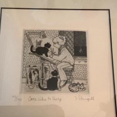 T - 321  Three Signed & Numbered by S. Sturdily, Black / White Cat Themed Sketches 