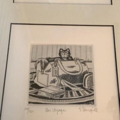 T - 321  Three Signed & Numbered by S. Sturdily, Black / White Cat Themed Sketches 