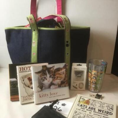 P426 Canvas Cat Bag with Cat Novelties and Books Laurel Burch zipper case 